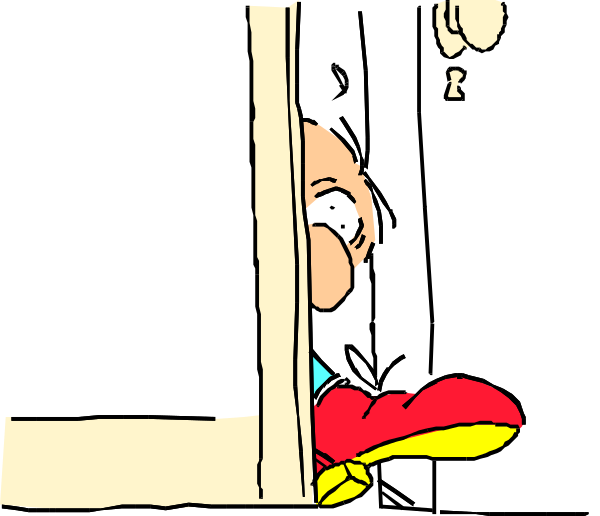 The cartoon shows a man peeking out from behind an open door with his head sticking through it while holding onto something red that resembles a toy car.