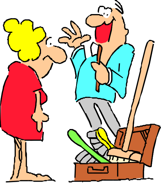 The cartoon depicts a man standing on top of an open suitcase with his arms outstretched as if he's about to jump off it while laughing hysterically at another person who is pointing upwards, possibly indicating something above them that has caught their attention or amusement.