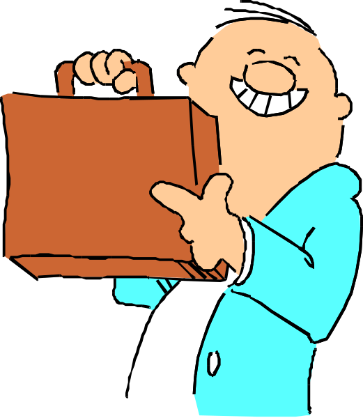 The cartoon shows a man holding an open briefcase with his left hand while pointing to it with his right index finger. He is wearing glasses on top of his head and has short hair. His attire includes a blue suit jacket, white shirt, dark tie, light pants, and black shoes.