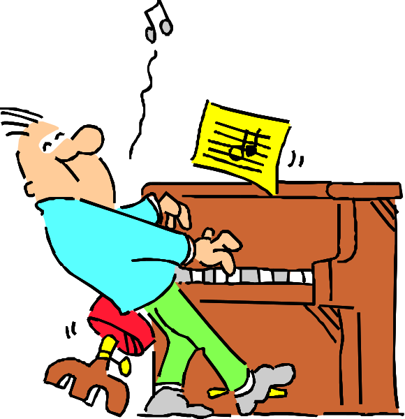 The cartoon shows a man playing an upright piano with sheet music on it while standing up from his seat at home base in front of him.