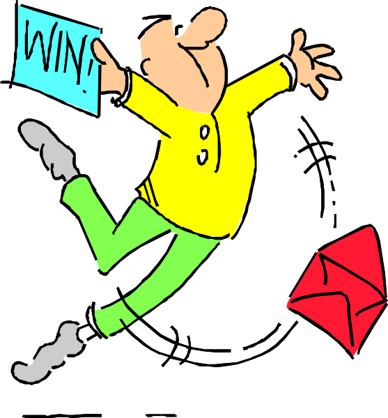 The cartoon shows a man jumping with his arms outstretched towards an envelope that has fallen to the ground; he is wearing green pants and holding up a sign saying "WIN."