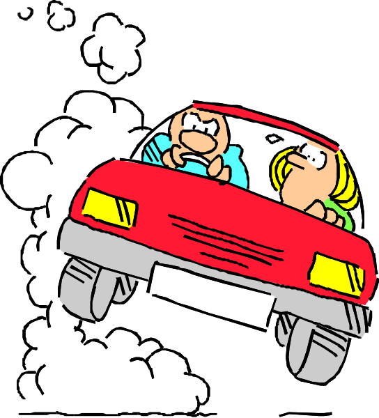 The cartoon shows a red car with two characters inside: an older man driving on what appears to be a highway at nighttime.