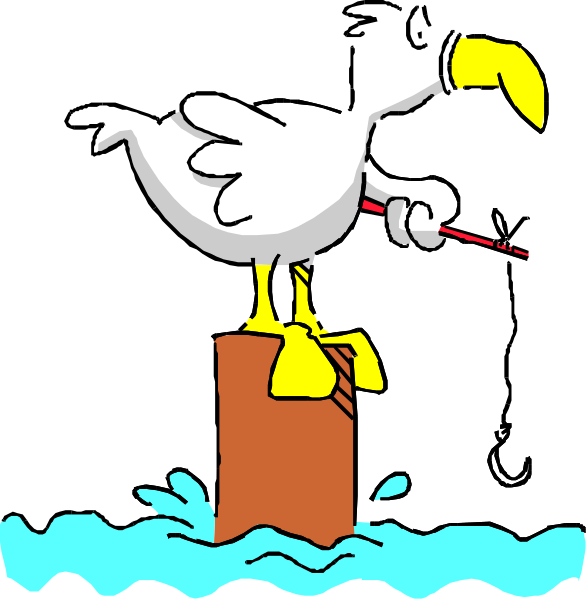 The cartoon depicts a seagull standing on top of an anchor with its wings spread wide against a dark background.
