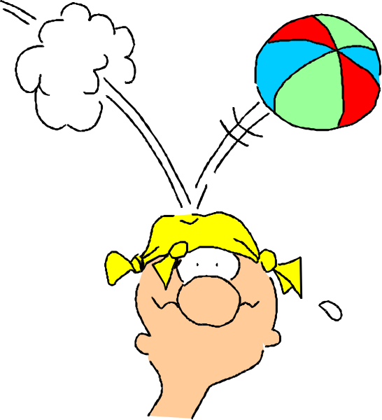 The image shows a cartoon of an animated character with blonde hair holding onto a ball while standing on what appears to be grassy ground under a clear sky during daylight hours.
