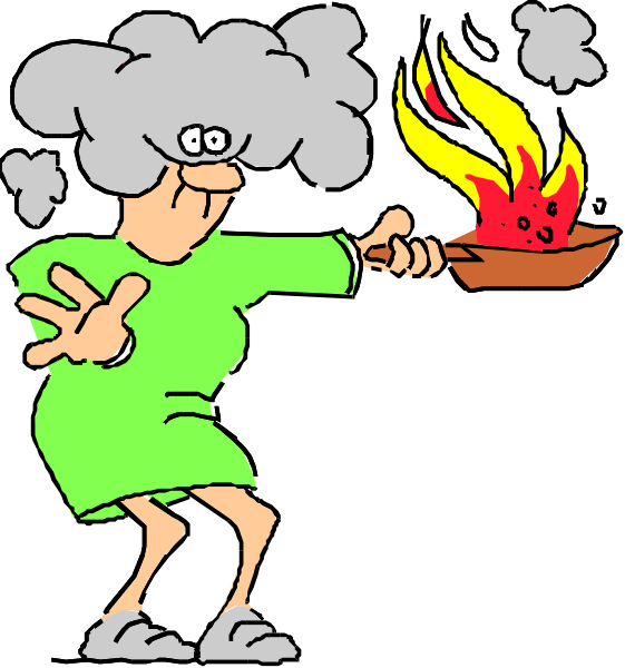 The cartoon shows a woman with gray hair holding an open umbrella over her head while standing next to a burning fire in what appears to be windy conditions; she is wearing a green dress and has one hand on hip, looking surprised as if caught off guard by something unexpected or dangerous happening around the flames.
