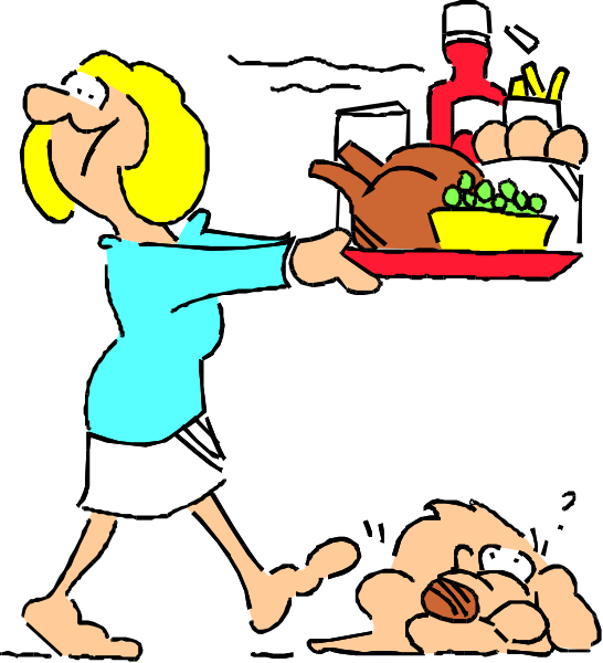The cartoon shows a woman carrying an overflowing tray of food with various dishes like turkey and vegetables while walking past her dog that is lying on its side in distress.