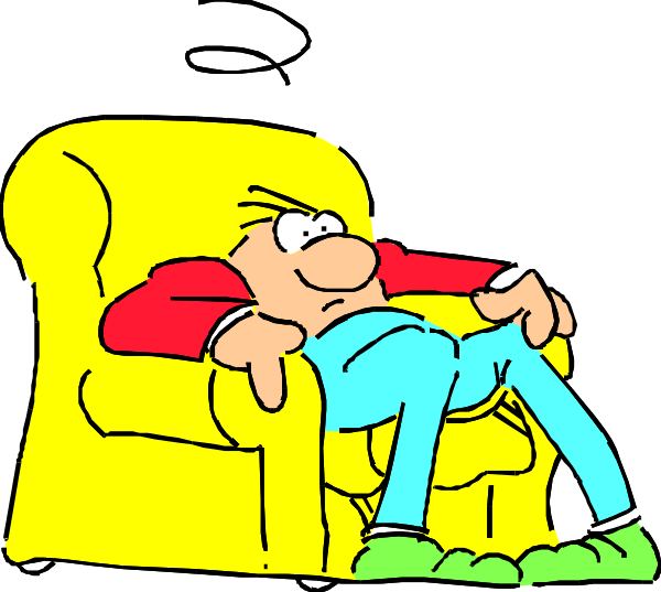 The cartoon shows a man sitting on his couch with legs crossed over each other while watching television.