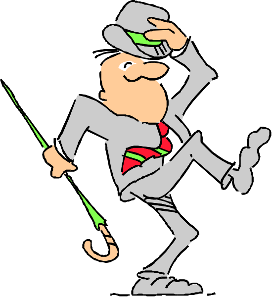 The cartoon shows a man dressed as an entertainer with top hat holding cane, performing on stage while wearing suit and tie.