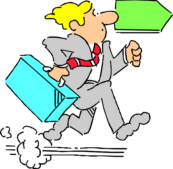 The cartoon shows a man running with briefcase in hand towards an arrow pointing to his right side; he is wearing business attire including suit jacket, tie, pants, shoes, and carrying luggage on wheels behind him.
