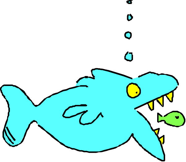 The image shows a cartoon of an underwater scene with two sharks: on top is a large blue fish-like creature that appears to be swimming towards another smaller greenish shark lying at rest below it, both in front of what looks like coral or rocks and against the backdrop of darkness.