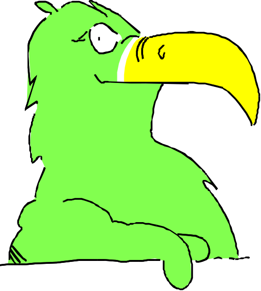The image shows a cartoon of an ostrich with large eyes sitting on top of another bird that appears to be green in color.