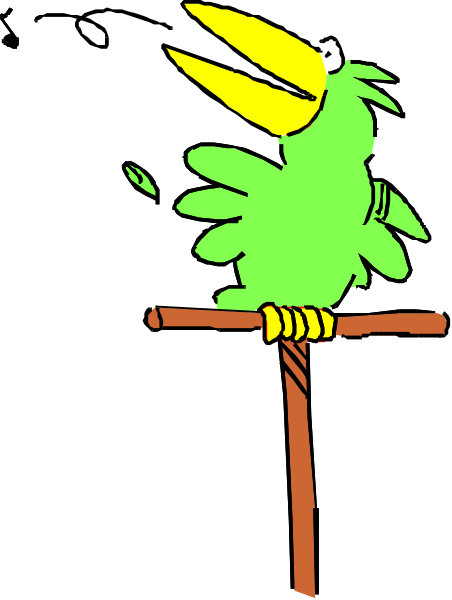 The image shows a cartoon parrot perched on top of an easel with its beak open as if it's speaking.
