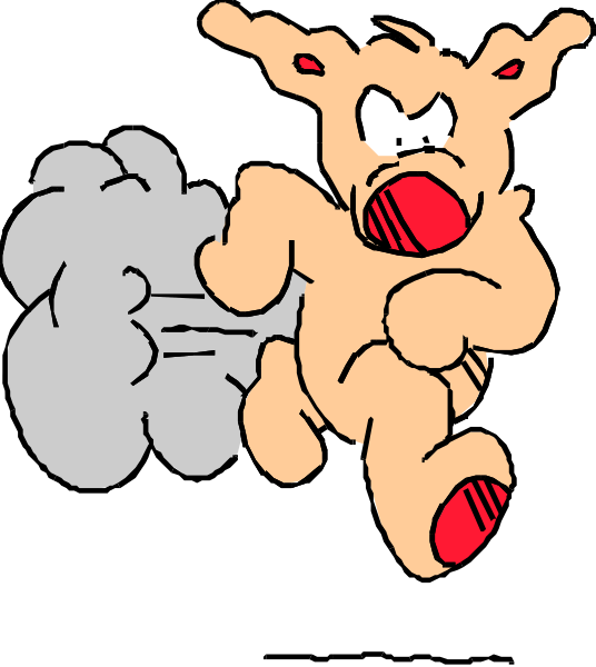The cartoon shows a tan animal with red ears running towards an explosion cloud on its right side; it appears to be in motion against a black background.