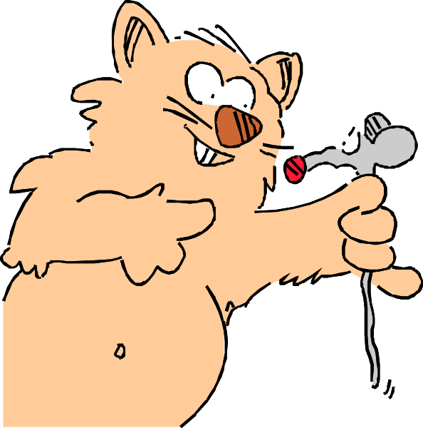 The cartoon shows a large orange cat with an exaggeratedly long tongue sticking out of its mouth holding what appears to be a small object in front of it while standing on two legs against a black background; there is no text present, and this description focuses solely on objects, people, animals, actions, and setting.