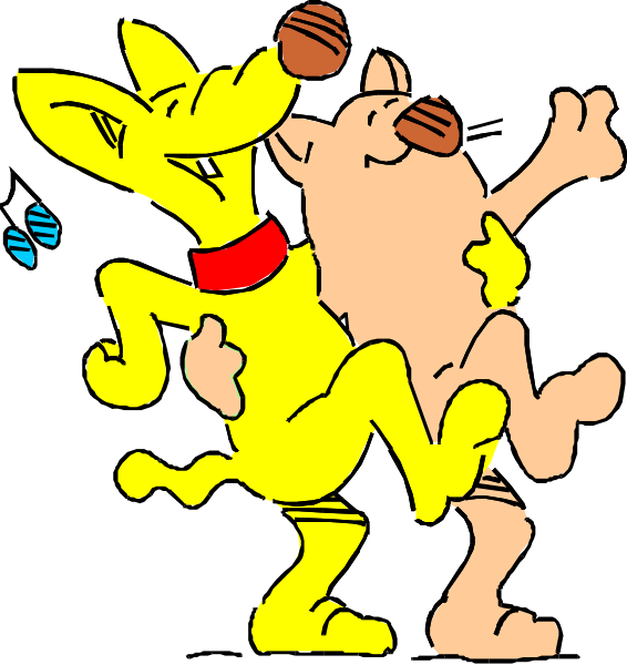 The cartoon shows a yellow dog with its tongue out to another character who is holding it back by an arm while dancing in front of them; both characters appear happy and carefree against a black background.