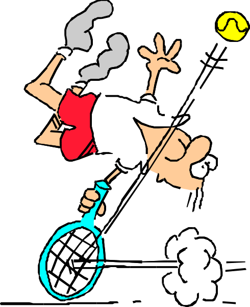 The black and white cartoon shows a man smoking from an unfiltered cigarette while holding two tennis rackets crossed behind his back; he is also blowing smoke into one of them with exaggerated force.