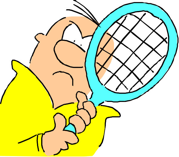 The cartoon shows a man with glasses holding up magnifying glass to his eye while looking at something on ground level; he is wearing yellow clothing and has short hair.