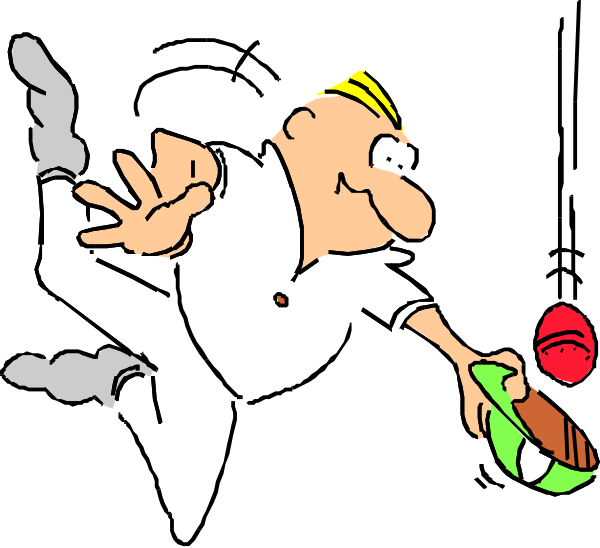 The cartoon shows a character with exaggerated facial features making an expressive gesture while holding what appears to be a tennis racket in one hand and a ball in another; there is smoke around them suggesting movement, possibly after hitting the ball.