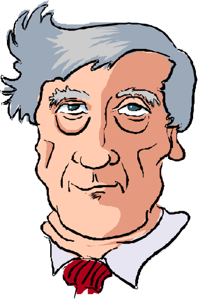 The image shows a black and white illustration of an older man with gray hair wearing glasses, dressed formally in a suit jacket over a shirt without tie, looking directly at viewer with his mouth slightly open as if speaking; he is depicted against a plain background that does not provide any additional context or setting.