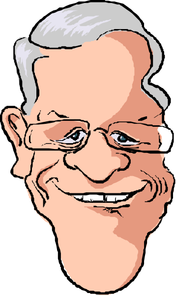 The image shows a caricature of an older man with glasses smiling broadly against a black background; he has gray hair and is wearing what appears to be a suit jacket without sleeves.