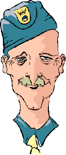 The illustration shows a cartoon of an older man with mustache wearing sunglasses, dressed as a pilot complete with aviator's cap and goggles on his head; he is depicted in profile against a plain background.