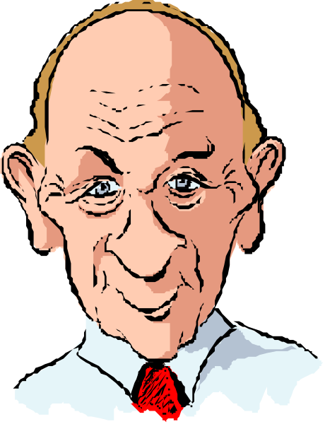 The cartoon shows a man with gray hair wearing glasses; he has on a red tie and is smiling at something off-camera.