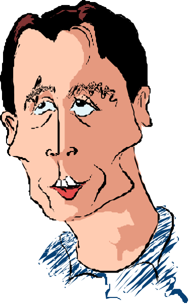 The image shows a cartoon of an older man with glasses wearing blue clothing; he has white hair and is smiling slightly while looking to his right side.