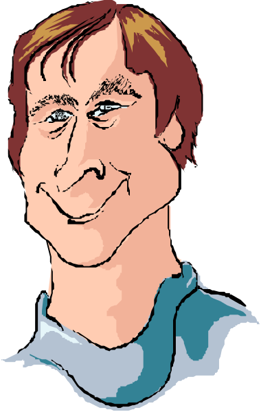 The image shows a cartoon of an adult male with brown hair wearing glasses, smiling at something off camera while standing against what appears to be a blue background that resembles water due to its rippling effect on either side of his head and shoulders.