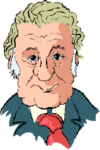 The image shows a caricature of an older man with gray hair wearing glasses, dressed formally in what appears to be business attire including a suit jacket over a shirt collar, tie, vest, and slacks; he has a mustache and is looking directly at the viewer with his mouth closed.