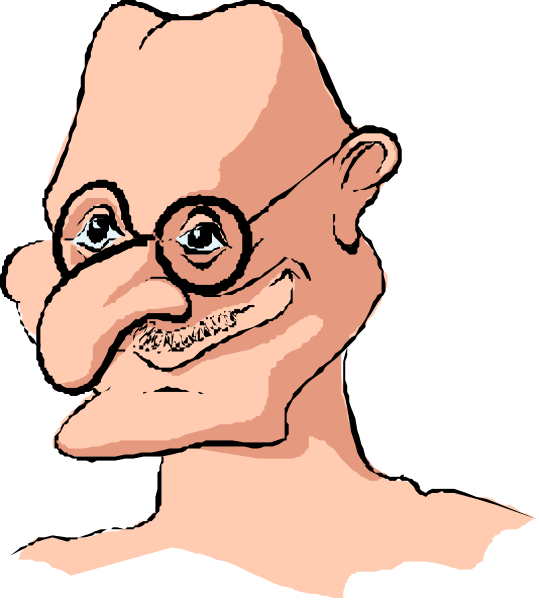 The cartoon shows a caricature of an older man with glasses wearing a suit jacket over his shoulder, smiling broadly at something off-camera to his left side.