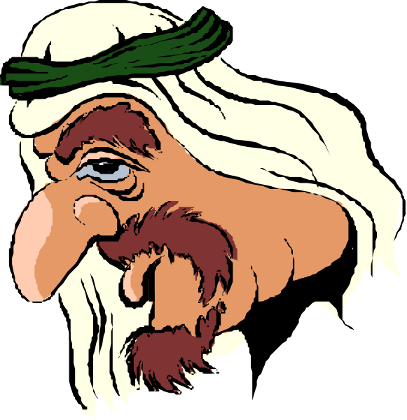 The images show a cartoon depiction of an elderly man with white hair wearing glasses, dressed as Santa Claus on top half and in traditional Middle Eastern attire below it; he has facial features like wrinkles around his eyes and mouth, bushy eyebrows, mustache, beard, goatee.