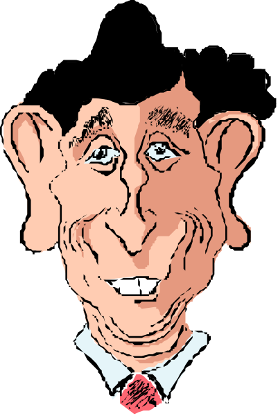 The image shows a caricature of an older man with gray hair wearing glasses, dressed formally in what appears to be business attire including a suit jacket over his shoulder, smiling broadly at something off-camera while looking directly ahead.