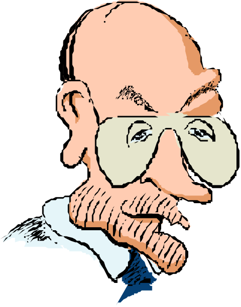 The black and white cartoon shows a man wearing glasses with his mouth open as if speaking; he has gray hair on top of his head and is balding at the front.