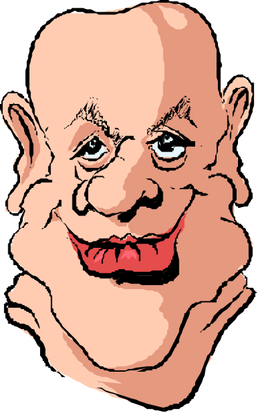 The image shows a caricature of an older man with exaggerated facial features such as large eyes and lips, wearing glasses on his nose. He has gray hair and is smiling broadly at the viewer.