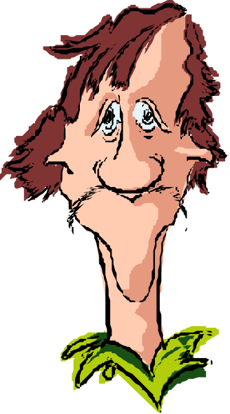 The image shows a cartoon of an older man with red hair wearing glasses, smiling broadly at something off-camera to his left. He has a beard and mustache that match his hair color.