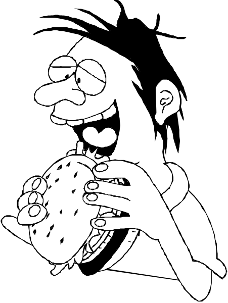 The black and white cartoon shows a man with an exaggeratedly large head eating a burger while standing on top of another smaller figure that is also holding a hamburger in its hands.