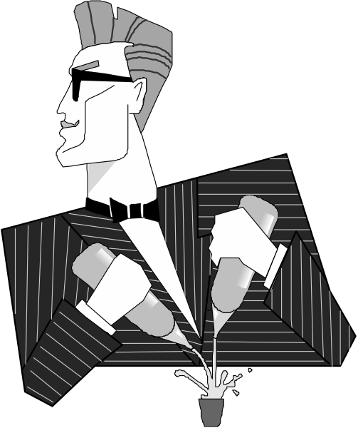 The illustration depicts a man with sunglasses holding two wine glasses filled to varying levels of liquid while standing next to an empty plant pot on what appears to be a stage set against a black background.