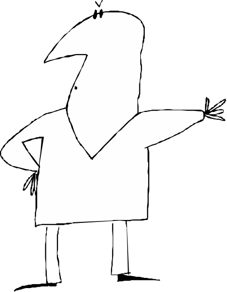 The black and white cartoon shows a person with arms outstretched against an abstract background.