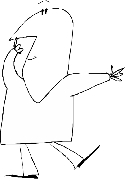 The black and white cartoon shows a person pointing with their right hand towards something off frame to the left of them while standing in front of what appears to be an open book on a tabletop.