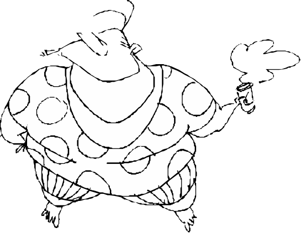The black and white cartoon shows two characters: a large creature with polka dots on its body standing upright to the left of another character that appears smaller in size but is also covered in spots; both creatures have round bodies, small limbs, and no visible facial features or expressions. They are set against an indistinct background which does not provide any additional context about their location within a larger scene.