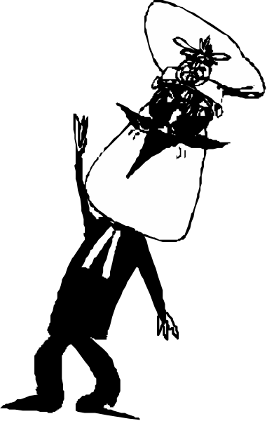 The black and white photo shows a person wearing an outfit with large feathers on their head standing next to another figure that appears to be holding something in its hands; both figures seem to have masks covering parts of their faces, but only one mask is fully visible due to perspective distortion caused by the camera angle.