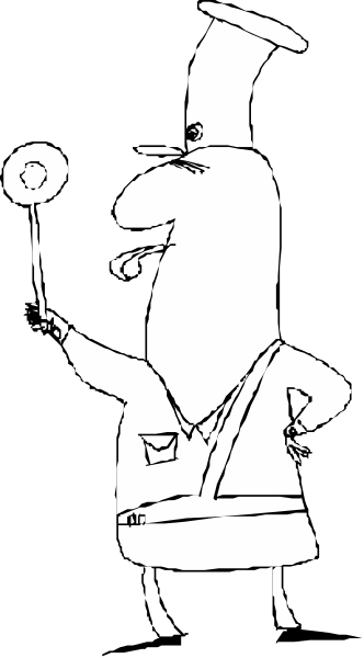 The black and white illustration shows a cartoon character that resembles an elf holding what appears to be a small object in its hand while standing on one leg with another foot raised as if it's about to kick something, set against a dark background.