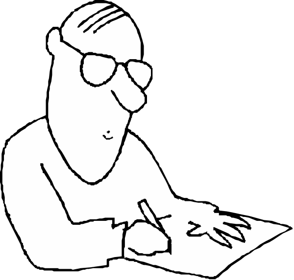 The black and white cartoon shows a man sitting at his desk with paperwork spread out before him; he is wearing glasses and appears to be writing on one of several pieces of paper that lie in front of him, while another piece lies next to an ink pen nearby.