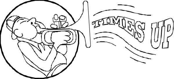 The black and white illustration shows a cartoon of two characters: on top is an angel playing a trumpet with wings spread wide; below it is another character holding what appears to be sheet music for the instrument, standing upright in front of a banner that reads "Music."