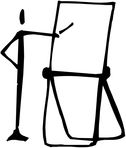 The black and white silhouette of a person sitting on an object that resembles a chair with their legs crossed at the knees in front of them.