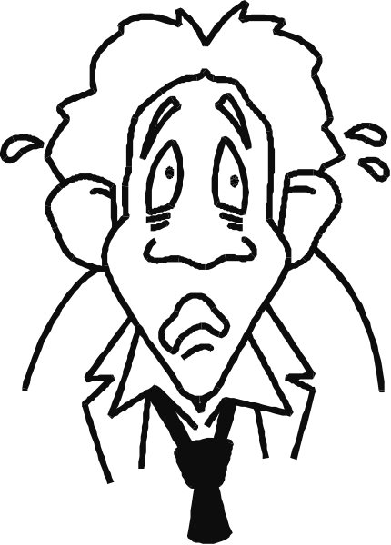 The black and white cartoon shows a man with exaggerated facial features looking surprised; he is wearing glasses and has dark hair.