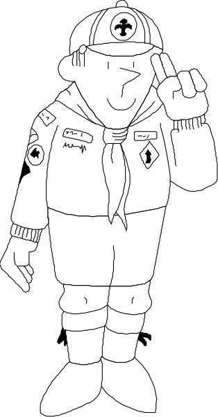 The black and white illustration features a cartoon of an emergency responder wearing a uniform with patches on it, holding up one finger as if to signal for help.