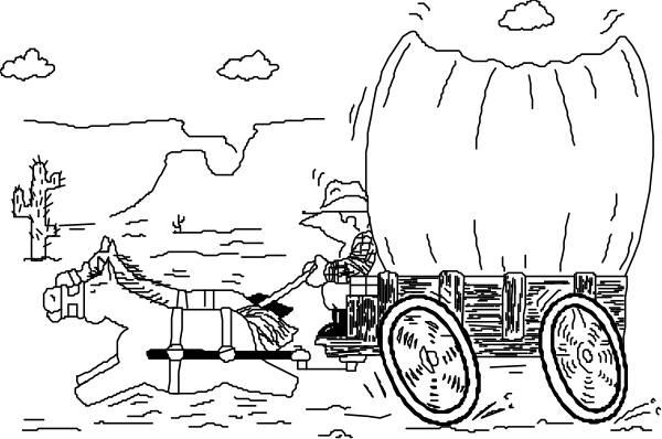 The black and white illustration shows a horse pulling an old wagon with two wheels on each side; there is no text present in this image.