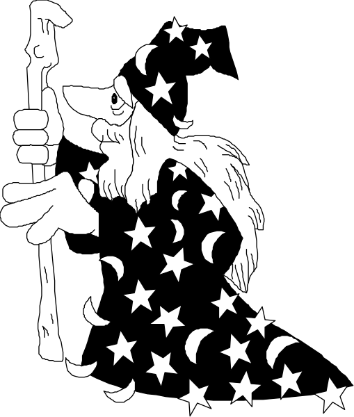 The black and white illustration shows a cartoon wizard with long beard flying through space on his broomstick surrounded by stars.