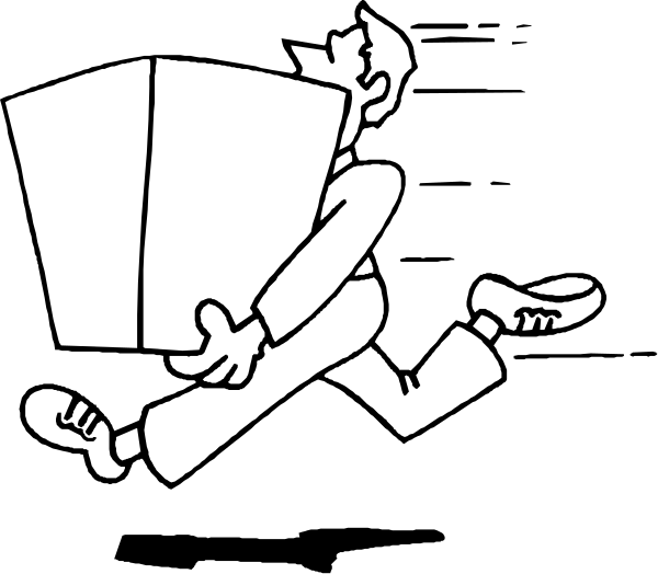 The black and white cartoon shows a man running with an open box under his arm while another person is standing nearby holding up their hand as if to stop him from going further into the frame where there's no visible background detail, suggesting movement through space without context or setting.